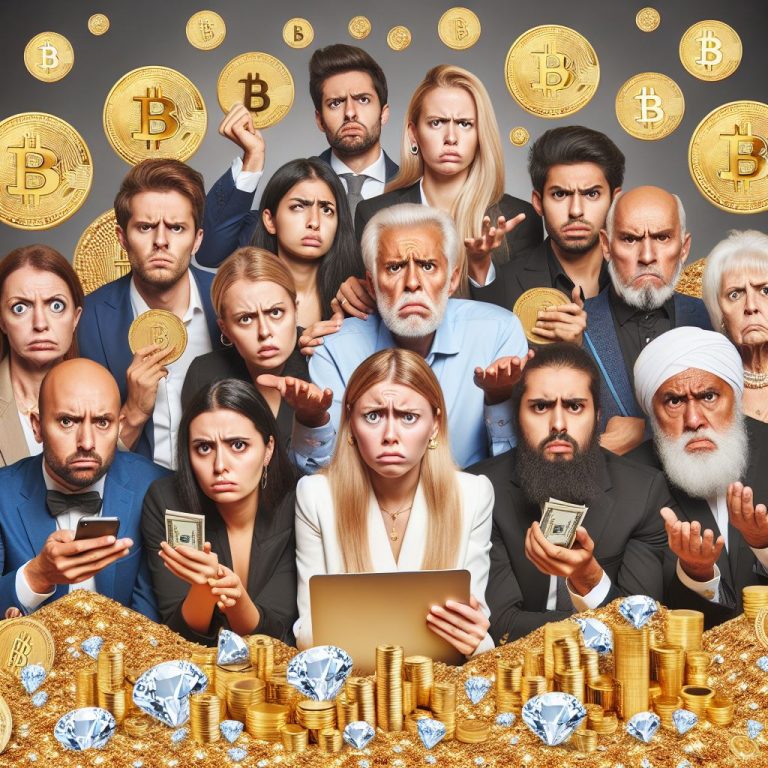 Una imagen que refleje a unas personas ricas, con mucho oro, diamantes y monedas en cantidades exage