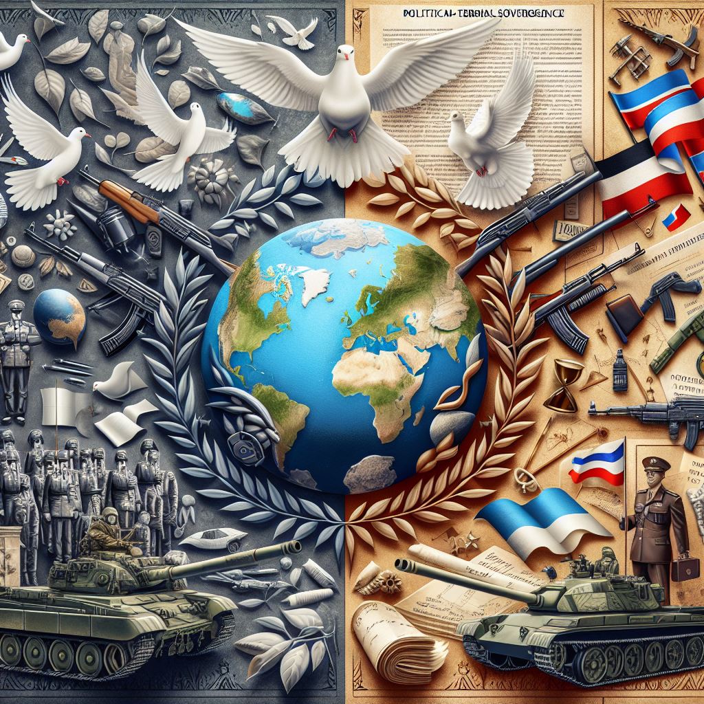 Una representación artística de la política exterior, mostrando la bifronte de la guerra y la paz, c