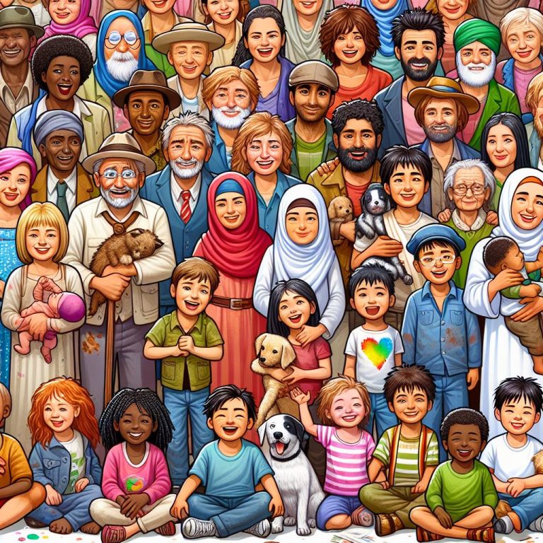 una imagen colorida con gente que luzca muy pobre pero feliz, que se vean personas de todas las raza