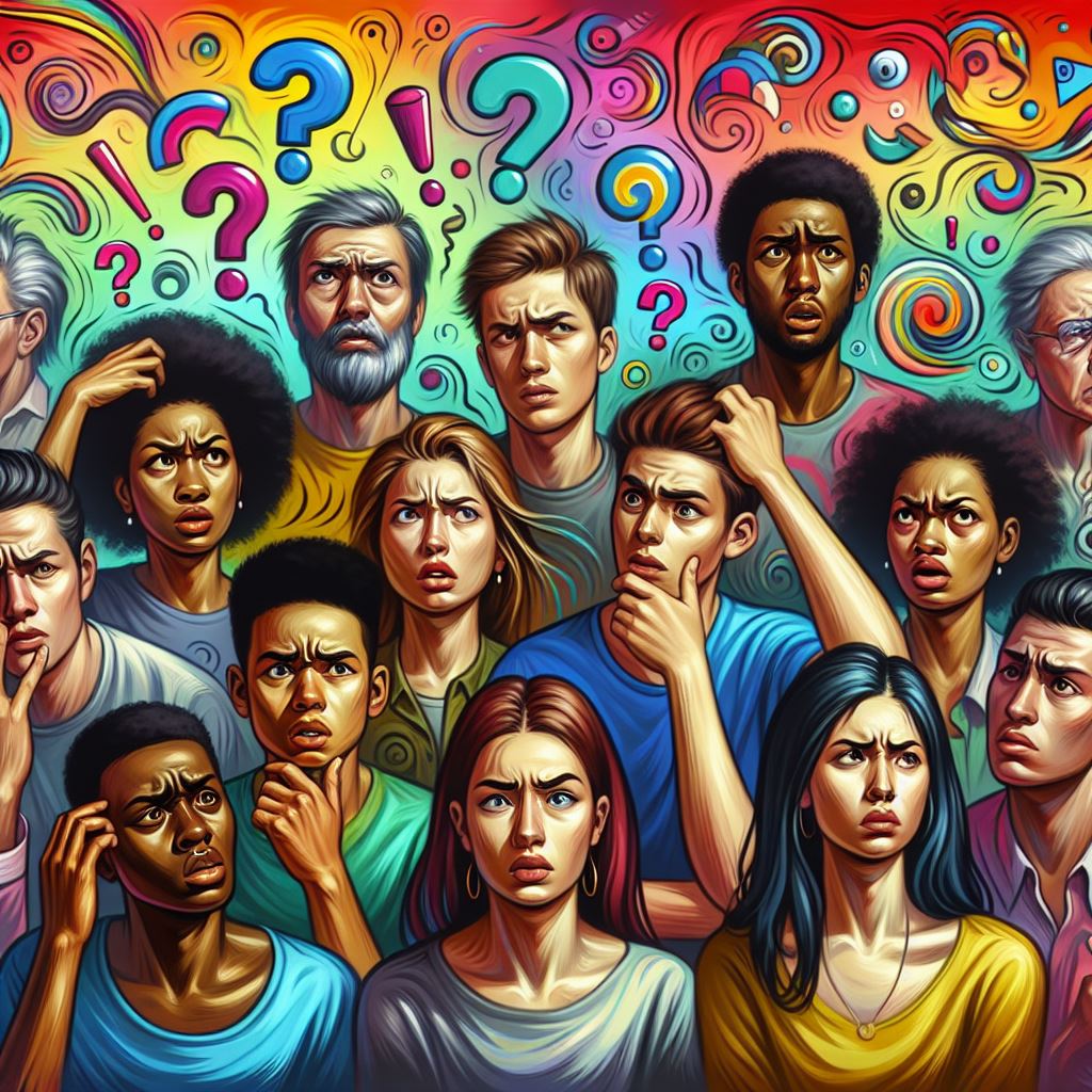 A colorful and expressive illustration of a group of people looking confused and disoriented. Their