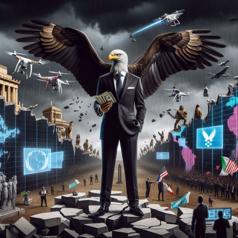 A conceptual illustration of an imperial eagle in a business suit standing over a fragmented map of