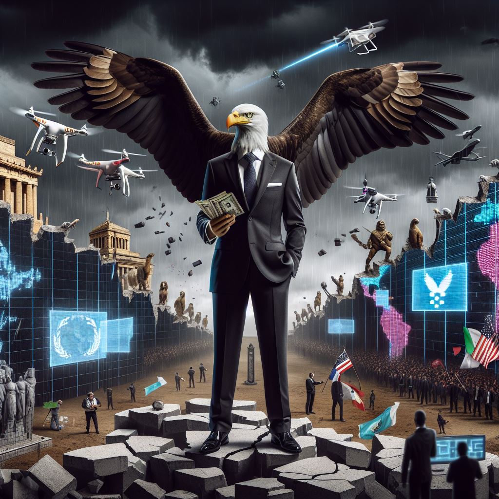 A conceptual illustration of an imperial eagle in a business suit standing over a fragmented map of